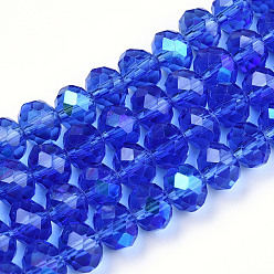 Azul Medio Abalorios de vidrio electrochapa, medio arco iris chapado, facetados, Rondana plana, azul medio, 3x2 mm, agujero: 0.8 mm, sobre 150~155 unidades / cadena, 15~16 pulgada (38~40 cm)