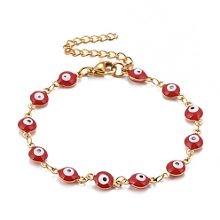 Red Enamel Oval with Evil Eye Link Chains Bracelet, Vacuum Plating 304 Stainless Steel Jewelry for Women, Golden, Red, 6-1/2 inch(16.5cm)