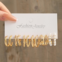 Golden Twist Wave Alloy Stud Earrings, Half Hoop Earrings with Imitation Pearl Beads for Women, Golden, 20~49mm, 6 Styles, 1 Pair/style, 6 Pairs/set
