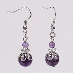 Amethyst Natural Amethyst Bead Dangle Earrings, with Brass Earring Hooks, Alloy and Iron Findings, Platinum, 42mm