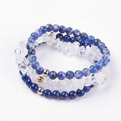 Mixed Stone Natural Mixed Gemstone Stretch Bracelets, Lapis Lazuli & Sodalite & Quartz Crystal, with 304 Stainless Steel Beads, Cardboard Jewelry Box Packing, 2 inch~2-1/4 inch(52~57mm), 3strands/set