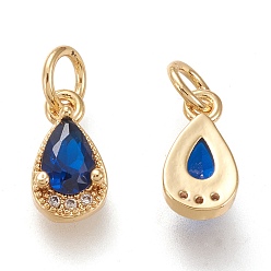 Blue Brass Micro Pave Clear Cubic Zirconia Charms, with Jump Rings, Long-Lasting Plated, Real 18K Gold Plated, Teardrop, Blue, 10.5x5.5x3.5mm, Hole: 3.4mm
