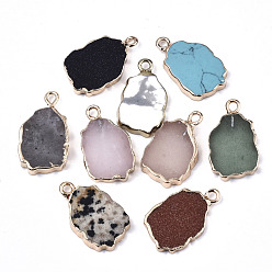 Mixed Stone Natural & Synthetic Mixed Gemstone Pendants, with Light Gold Plated Edge and Iron Loop, Nuggets, 19~21x12x3mm, Hole: 1.6mm
