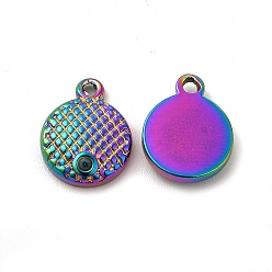 Rainbow Color Ion Plating(IP) 304 Stainless Steel Pendant Rhinestone Settings, Flat Round, Rainbow Color, Fit For 1.2mm Rhinestone, 13.5x11x3mm, Hole: 1.6mm
