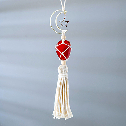 Carnelian Hanging Moon Star Braided Macrame Ornaments, Tumbled Carnelian Pendant Decorations, with Cotton Tassel, 230mm