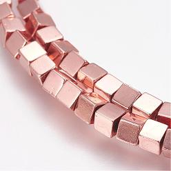 Rose Gold Plated Grade AA Non-Magnetic Synthetic Hematite Bead Strands, Cube, Rose Gold Plated, 3x3x3mm, Hole: 1mm, about 125pcs/strand, 15.7 inch(40cm)
