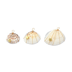 Real 18K Gold Plated Natural Clam Shell Copper Wire Wrapped Pendants, Dyed Shell Chams with Brass Star Beads, Real 18K Gold Plated, 21~32x23.5~37x8~10mm, Hole: 3.5mm