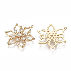 Real 18K Gold Plated Brass Filigree Pendants, Nickel Free, Real 18K Gold Plated, with Cubic Zirconia, Snowflake, Clear, 21.5x17.5x2.5mm, Hole: 0.9mm