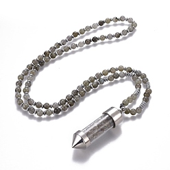 Labradorita Collar de labradorita natural colgante, con cuentas de vidrio y fornituras de latón, bala, 27.9 pulgada (71 cm), perlas: 6 mm, colgante: 65x17.5 mm