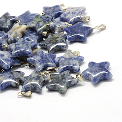 Punto Piedra Azul Colgantes de jaspe mancha azul natural estrella, con fornituras de latón de tono platino, 22~23x20~24x5~7 mm, agujero: 2x7 mm