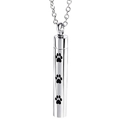 Stainless Steel Color Pet Memorial Necklace, Titanium Steel Urn Ashes Pendant Necklace, Column with Paw Print Locket Pendant Necklace for Men Women, Stainless Steel Color, 17.72 inch(45cm)
