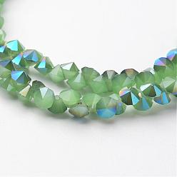 Light Green Electroplate Glass Bead Strands, Imitation Jade, Half Rainbow Plated, Faceted, Diamond, Light Green, 4x4mm, Hole: 1mm, about 143pcs/strand, 11.8 inch