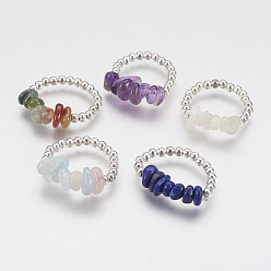 Mixed Stone Natural Gemstone Chip Stretch Rings, with Brass Beads, Silver Color Plated, 18mm