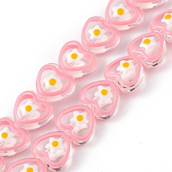 Pink Handmade Lampwork Beads Strands, with Enamel, Heart with Flower Pattern, Pink, 12x12.5x7mm, Hole: 1mm, about 30pcs/strand, 13.39 inch(34cm)