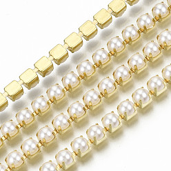 Golden Brass Claw Chains, with ABS Plastic Imitation Pearl Beads, with Spool, Golden, SS16, 4mm, about 10yards/roll(9.14m/roll)