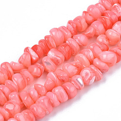 Salmon Natural Sea Shell Beads Strands, Dyed, Chips, Salmon, 2~7x5~7.5x4.5~7mm, Hole: 0.5~0.7mm, about 97~105pcs/strand, 15.55 inch~15.98 inch(39.5cm~40.6cm)