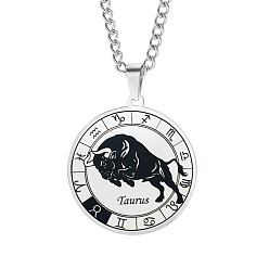 Taurus Unisex 201 Stainless Steel Constellation Pendant Necklaces, with Curb Chains, Laser Engraved Pattern, Flat Round, Taurus, 13.19 inch(335mm) 