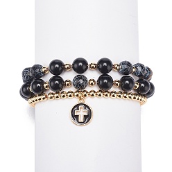 Mixed Stone 3Pcs 3 Style Natural Eyeless Obsidian & Crackle Agate & Brass Beaded Stretch Bracelets Set, Alloy Enamel Cross Charms Stackable Bracelets for Women, Inner Diameter: 2~2-1/8 inch(5~5.3cm), 1Pc/style