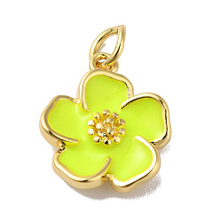 Green Yellow Rack Plating Brass Enamel Charms, Lead Free & Cadmium Free, with Jump RIng, Real 18K Gold Plated, Long-Lasting Plated, Flower Charm, Green Yellow, 15x13x3.5mm