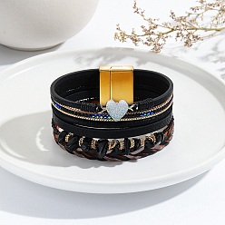Noir Bracelets multi-brins en cuir pu avec puces perlées, avec fermoir magnétique, noir, 7-5/8 pouce (19.5 cm)