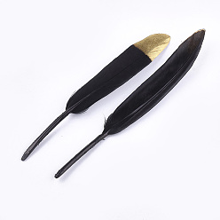 Black Goose Feather Costume Accessories, Dyed, Spray Gold Color, Black, 128~165x17~25mm, about 100pcs/bag