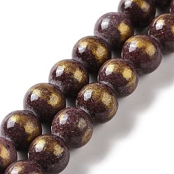 Brun Chapelets de perles en jade naturel, une feuille d'or, teint, ronde, brun, 8mm, Trou: 1mm, Environ 50 pcs/chapelet, 15.75 pouce (40 cm)