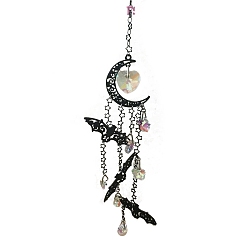 Black Halloween Bat & Moon Alloy Hanging Ornaments, Star/Heart Glass Tassel Suncatchers for Home Decorations, Black, 400~600mm