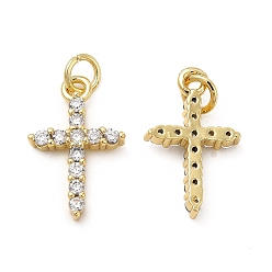 Golden Brass Micro Pave Cubic Zirconia Pendants, with Jump Ring, Religion Cross Charm, Golden, 18.5x11.5x3mm, Hole: 3.3mm