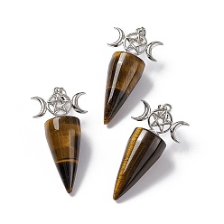 Tiger Eye Natural Tiger Eye Pendants, Cone Charms, with Platinum Tone Brass Triple Moon with Star Findings, Cadmium Free & Nickel Free & Lead Free, 47~50x23x14.5~15mm, Hole: 7.5x5mm