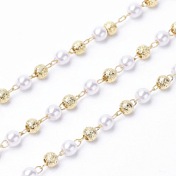 Golden Handmade Acrylic Beaded Chains, with Spool, with Brass Findings, Long-Lasting Plated, Soldered, Golden, 3mm, about 32.8 Feet(10m)/roll