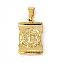 Golden 304 Stainless Steel Pendant, Rectangle with Jesus and Cross, Golden, 25.5x17x4mm, Hole: 6x5mm