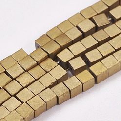 Golden Plated Electroplate Non-magnetic Synthetic Hematite Beads Strands, Frosted, Cube, Grade A, Golden Plated, 2x2x2mm, Hole: 1mm, about 200pcs/strand, 16 inch