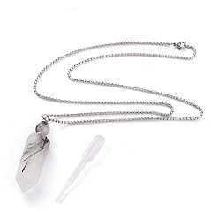 Stainless Steel Color Natural Tourmalinated Quartz/Black Rutilated Quartz Openable Perfume Bottle Pendant Necklaces, with 304 Stainless Steel Box Chains and Plastic Dropper, Faceted, Bullet, Stainless Steel Color, 27.75 inch(70.5cm), Bottle Capacity: 2~3ml(0.06~0.1 fl. oz)