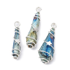 Bleu Pendentifs enveloppés de fil de cuivre teints en cristal de quartz naturel galvanisé, charms en forme de larme avec étoile en laiton, couleur argent plaqué, bleu, 27~37x7~13x6.5~10.5mm, Trou: 3.5mm