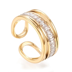 Golden 304 Stainless Steel Cuff Rings, Open Rings, with Clear Cubic Zirconia, Golden, Size 6~9, Inner Diameter: 16~19mm