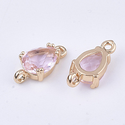 Perlas de Color Rosa Conectores de enlaces de vidrio transparente, con fornituras de latón, facetados, lágrima, la luz de oro, rosa perla, 13x7x3.5 mm, agujero: 1.2 mm