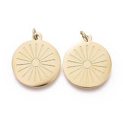 Golden Ion Plating(IP) 316 Surgical Stainless Steel Pendants, with Jump Ring, Laser Cut, Flat Round with Sun, Golden, 14x12x0.8mm, Jump Ring: 3x0.5mm, 1.5mm Inner Diameter