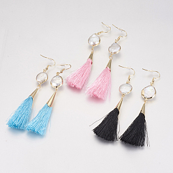 Mixed Color Tassel Dangle Earrings, with Brass Findings and Pearl, Golden, Mixed Color, 95~99mm, Pin: 0.8mm, Pendant: 54~56x7mm