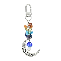 Blue Moon Alloy Pendant Decoraiton, with Gemstone Chip Beads and Mushroom Handmade Lampwork Beads, Alloy Swivel Clasps, Chakra, Blue, 103mm