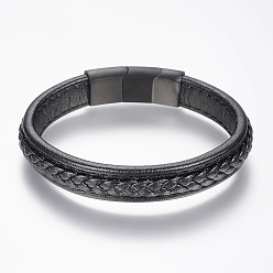 Noir Bracelets cordon cuir tressé, avec 304 fermoirs magnétiques en acier inoxydable, noir, 8-5/8 pouces (220 mm), 36x13x8mm