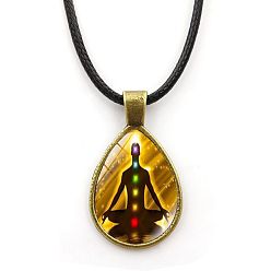 Peru Yoga Theme Alloy Teardrop Pendant Necklace with Wax Rope for Women, Peru, 16.93 inch(43cm)