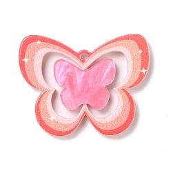 Pink Embossed Printed Acrylic Pendants, Butterfly, Pink, 27x34.5x2mm, Hole: 1.5mm