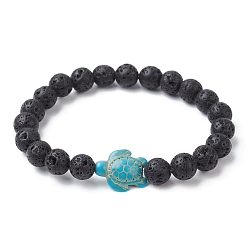 Lave Bracelet extensible en perles de lave naturelle et de tortue turquoise synthétique, diamètre intérieur: 2-1/8 pouce (5.5 cm)