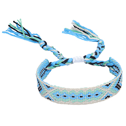 Cyan Polyester-cotton Braided Rhombus Pattern Cord Bracelet, Ethnic Tribal Adjustable Brazilian Bracelet for Women, Cyan, 5-7/8~11 inch(15~28cm)