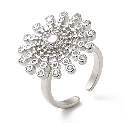 Платина Вращающееся открытое кольцо с цветком кубического циркония, латунные кольца-спиннеры для снятия тревоги и стресса, платина, внутренний диаметр: 17 мм