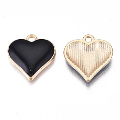 Black Alloy Enamel Pendants, Cadmium Free & Nickel Free & Lead Free, Light Gold, Heart, Black, 17x16x3mm, Hole: 1.6mm