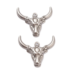 Stainless Steel Color 304 Stainless Steel Pendants, Cattle Head, Stainless Steel Color, 23x25.5x4mm, Hole: 1.6mm