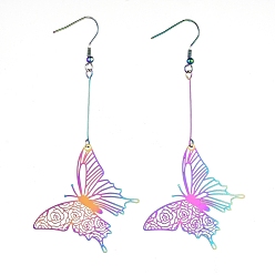 Rainbow Color 304 Stainless Steel Dangle Earrings, 201 Stainless Steel Filigree Pendants, Butterfly, Rainbow Color, 94mm, Pin: 0.7mm