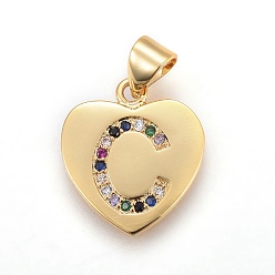 Letter C Brass Micro Pave Cubic Zirconia Pendants, Heart with Letter, Colorful, Letter.C, 17x15x1.5mm, Hole: 3.5x4.5mm