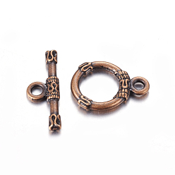 Red Copper Tibetan Style Alloy Toggle Clasps, Ring, Red Copper, Cadmium Free & Nickel Free & Lead Free, Ring: 18x13x2mm, Hole: 2mm, Bar: 21x2mm, Hole: 2mm